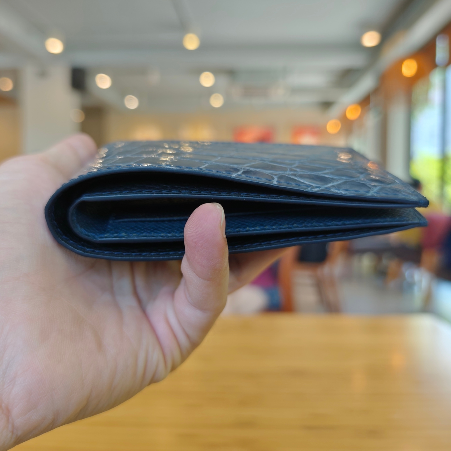 Light Navy Bifold Wallet, Alligator Handstitched, Custom Engraving