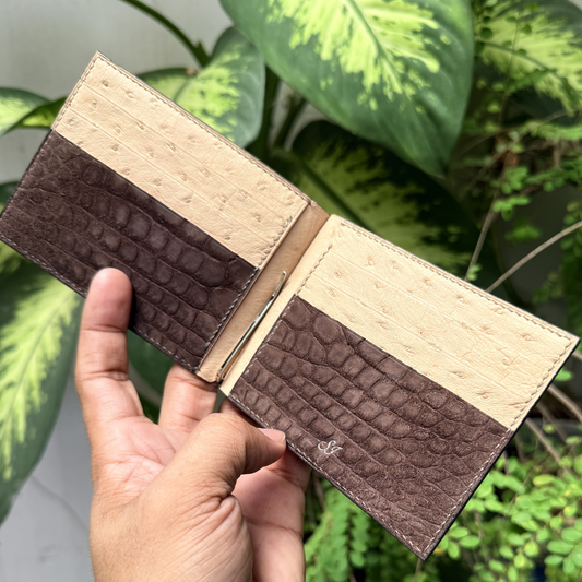 Personalized Chocolate Brown Alligator mixed Ostrich Leather Money Clip Wallet