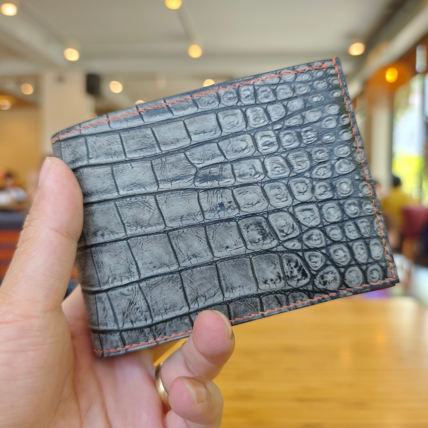 Gray Alligator Wallet, Hand Stitched, Personalized Bifold Wallet