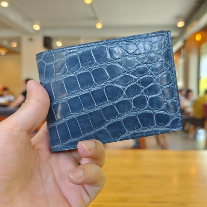 Light Navy Bifold Wallet, Alligator Handstitched, Custom Engraving