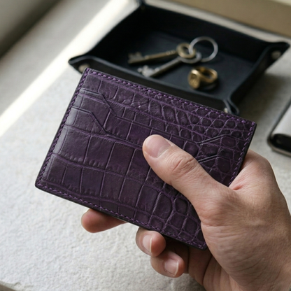 Purple Alligator Business Card Holder, Handstitched, Name Engraved