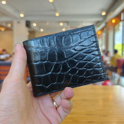 Black Bifold Wallet, Alligator Handcrafted, Custom Engraving
