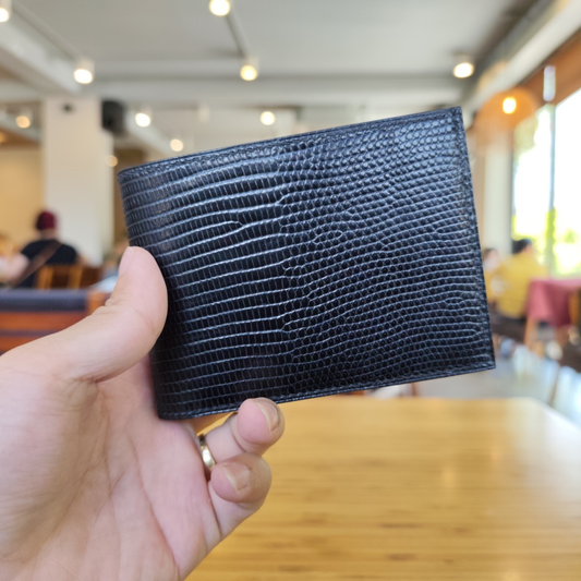 Black Lizard Bifold Wallet for Men | Handmade Leather Wallet | Saddle Stitched Slim Wallet | Luxury Gift for Him