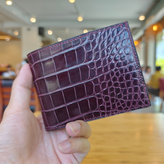 Purple Bifold Wallet, Alligator Leather Handstitched, Custom Engraving