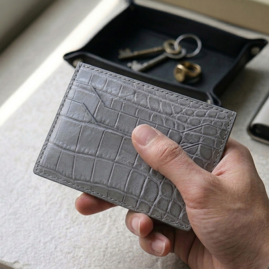 Alligator Card Holder Personalized | Gray Alligator Leather Wallet | Custom Name Engraved Card Case | Luxury Gift