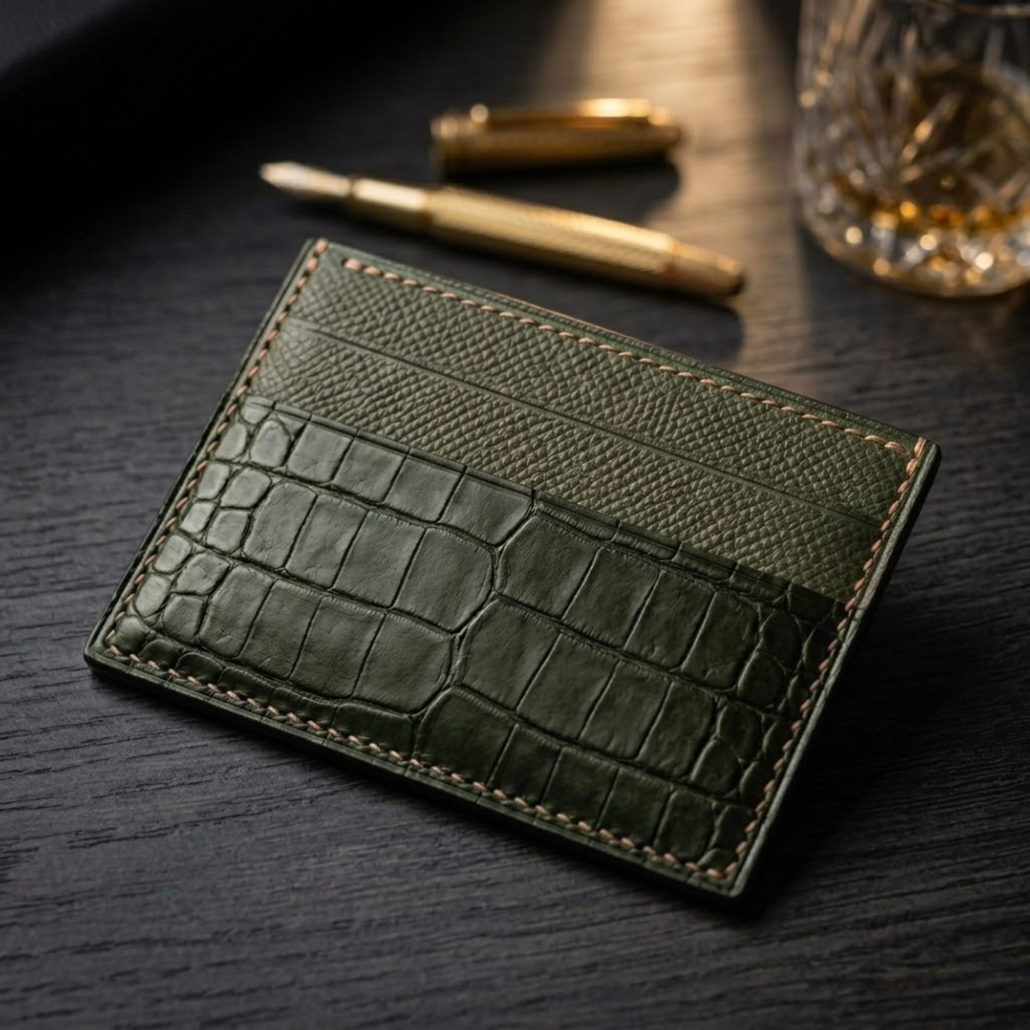 Green Alligator Cardholder, Epsom, Handmade, Men