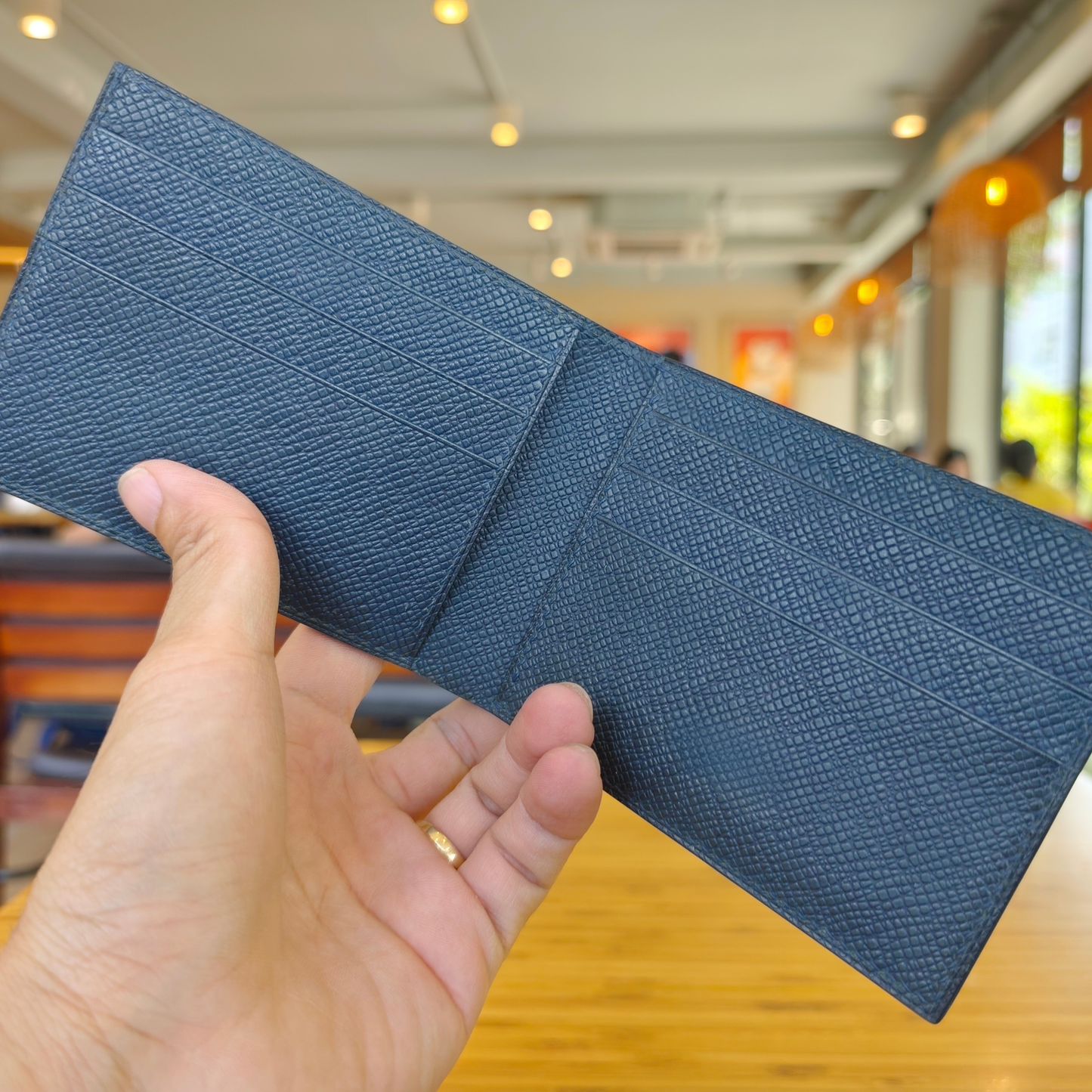 Light Navy Bifold Wallet, Alligator Handstitched, Custom Engraving