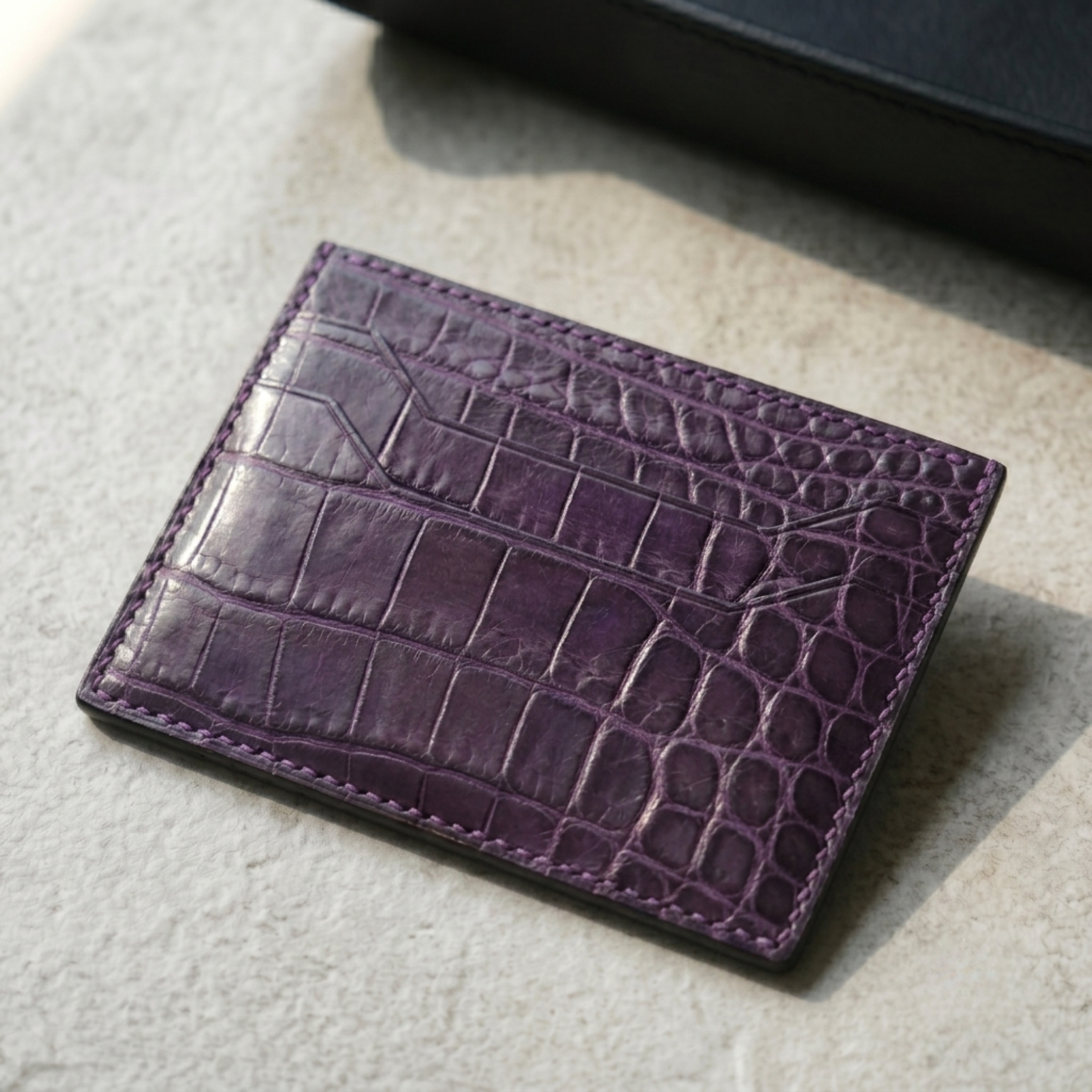 Purple Alligator Business Card Holder, Handstitched, Name Engraved