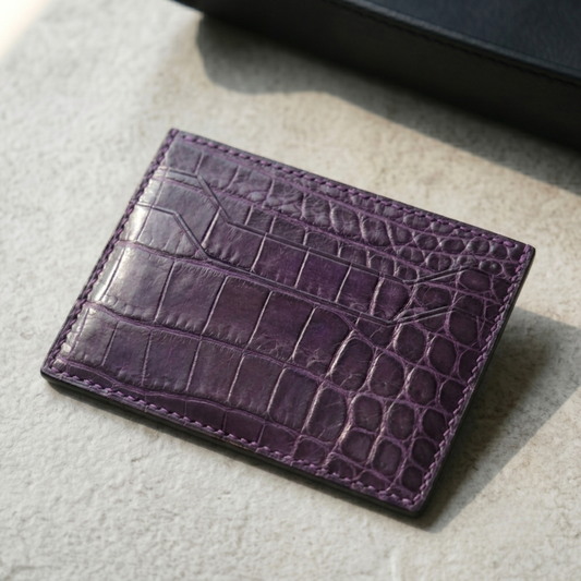Purple Alligator Business Card Holder, Handstitched, Name Engraved