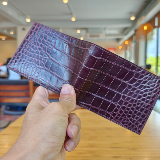 Purple Bifold Wallet, Alligator Leather Handstitched, Custom Engraving