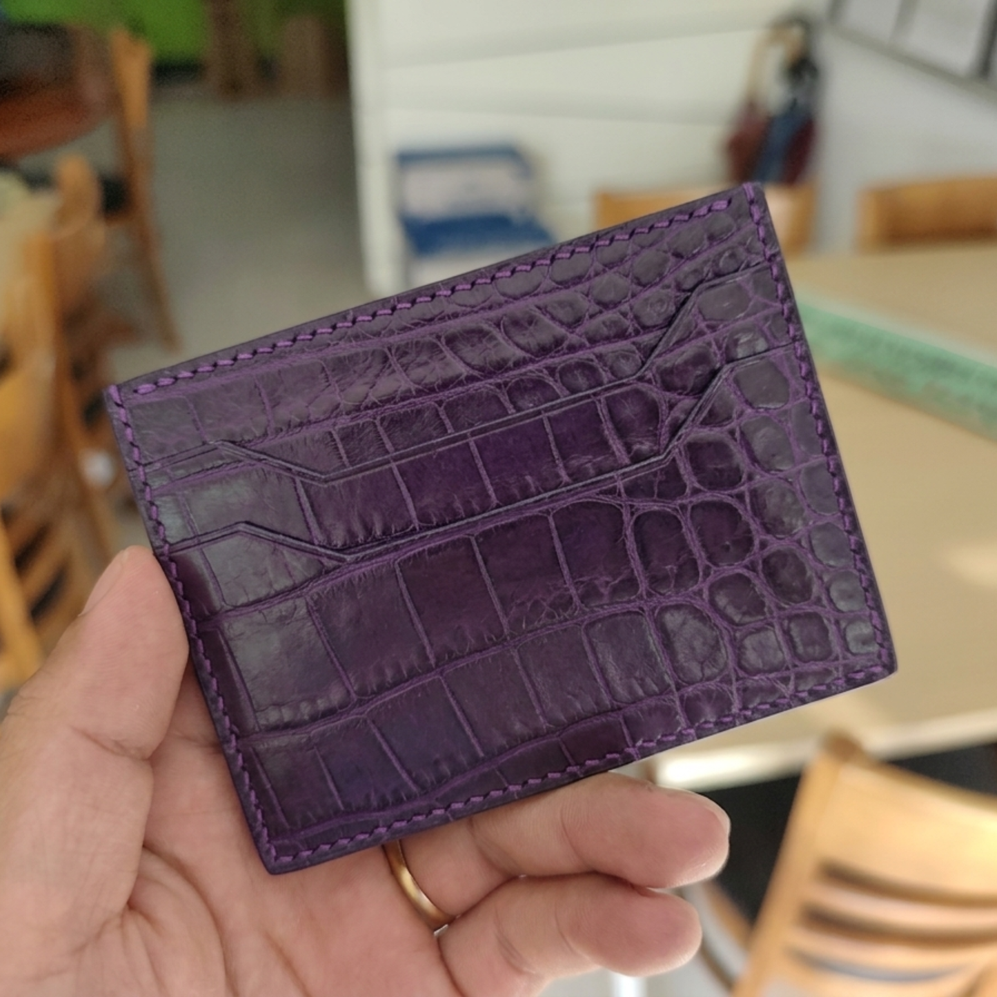 Purple Alligator Business Card Holder, Handstitched, Name Engraved