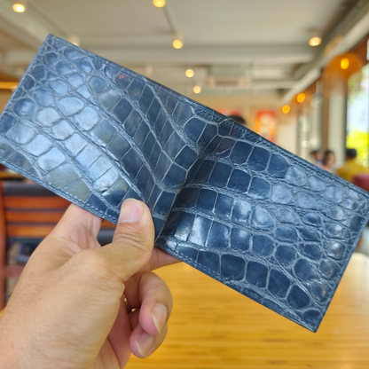 Light Navy Bifold Wallet, Alligator Handstitched, Custom Engraving