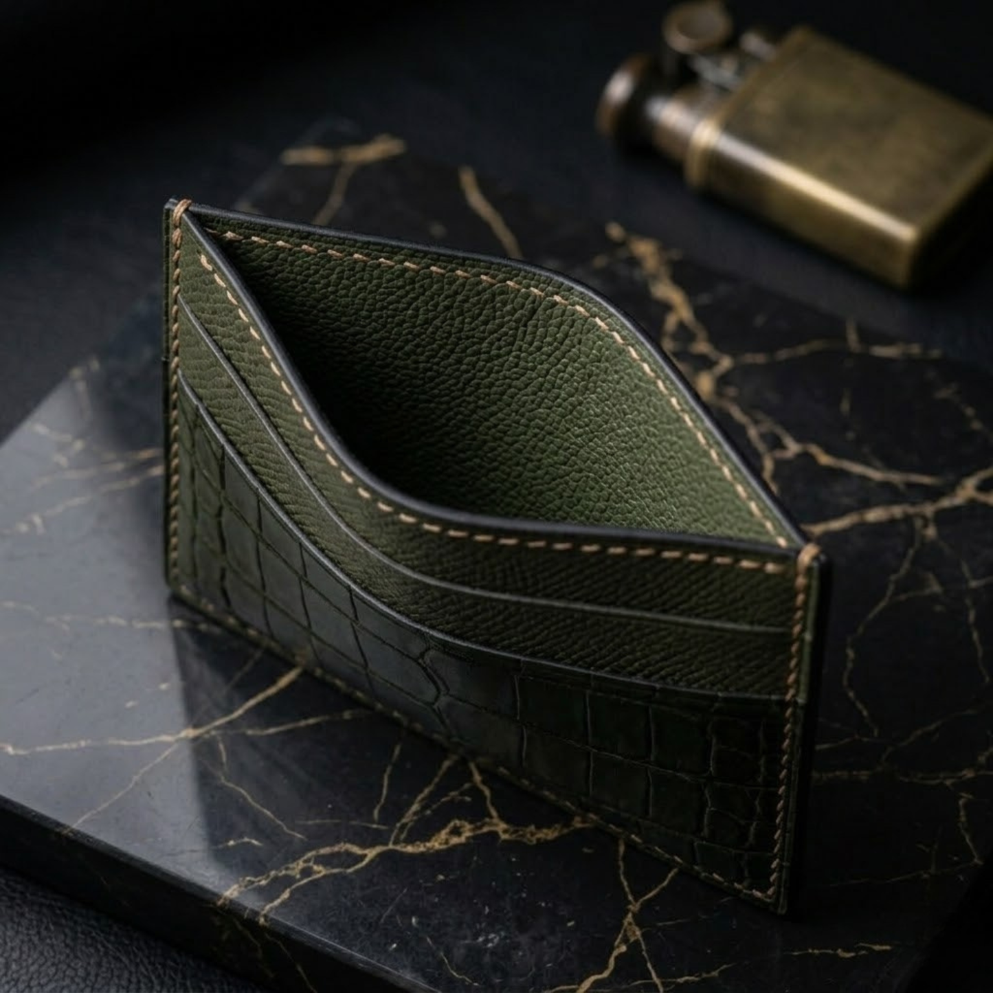 Green Alligator Cardholder, Epsom, Handmade, Men