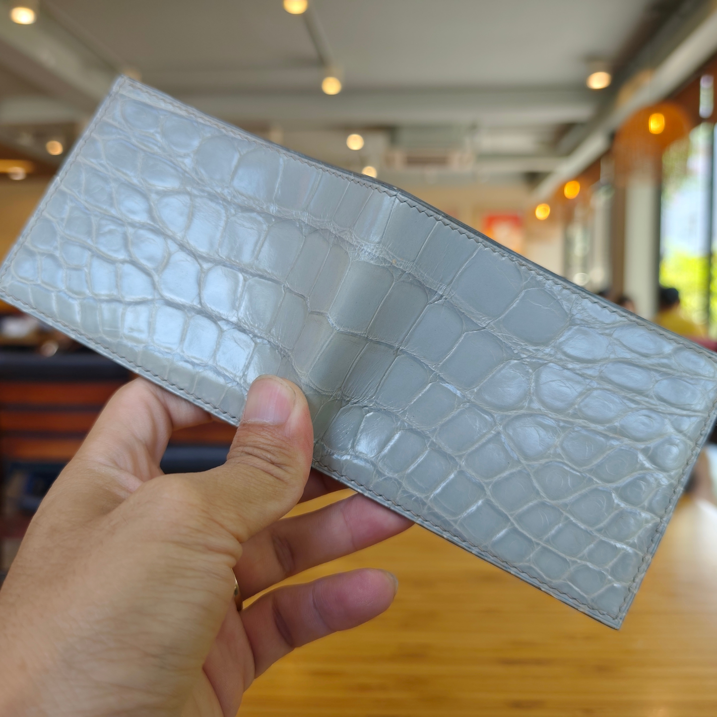 Light Gray Alligator Bifold Wallet, Hand Stitched, Personalized