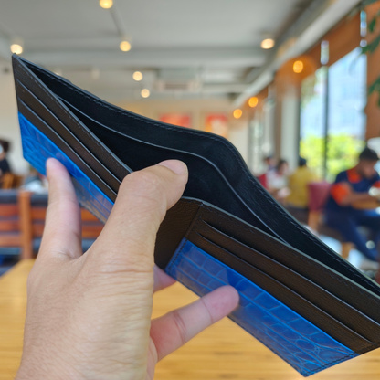 Electric Blue Wallet, Hand Stitched Alligator, Personalized