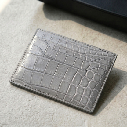 Alligator Card Holder Personalized | Gray Alligator Leather Wallet | Custom Name Engraved Card Case | Luxury Gift