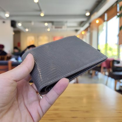 Grey Lizard Wallet, Saddle Stitched, Personalized Bifold Wallet