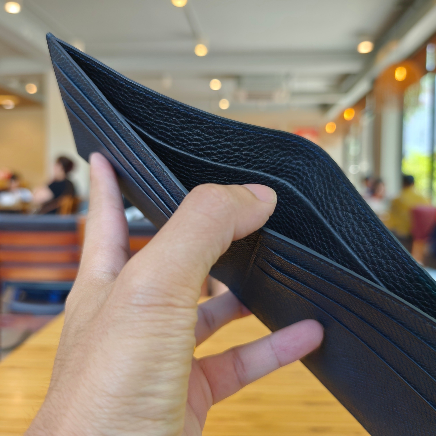 Light Navy Bifold Wallet, Alligator Handstitched, Custom Engraving