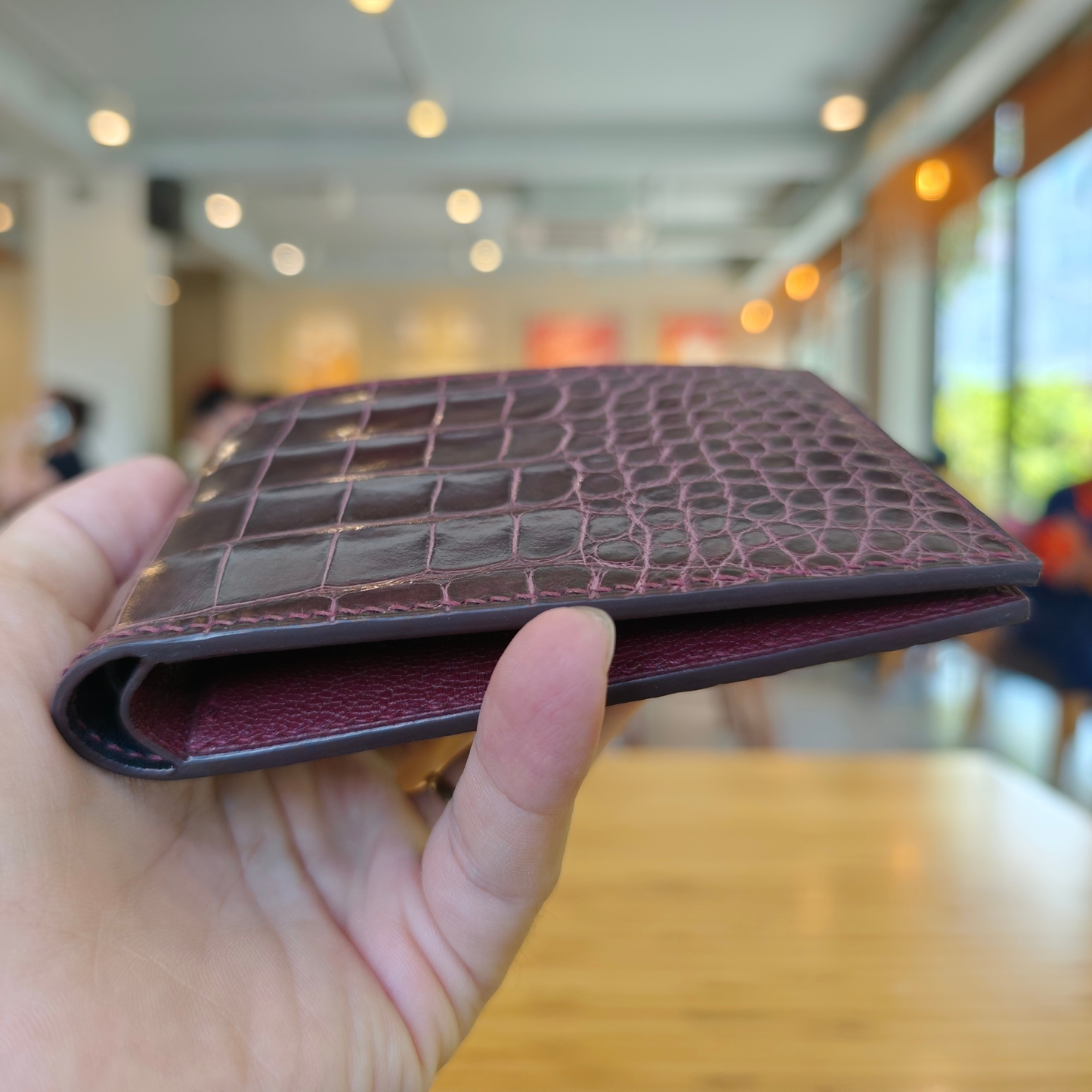 Purple Bifold Wallet, Alligator Leather Handstitched, Custom Engraving