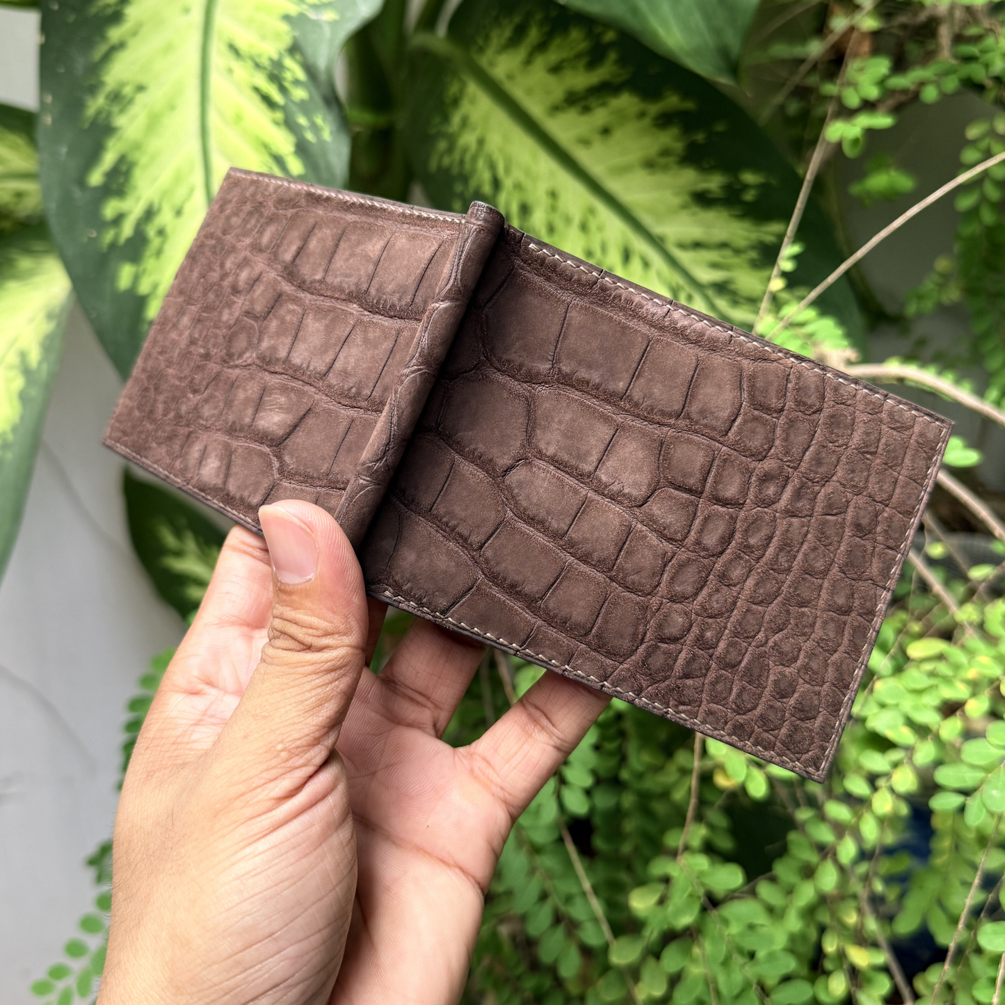 Personalized Chocolate Brown Alligator mixed Ostrich Leather Money Clip Wallet