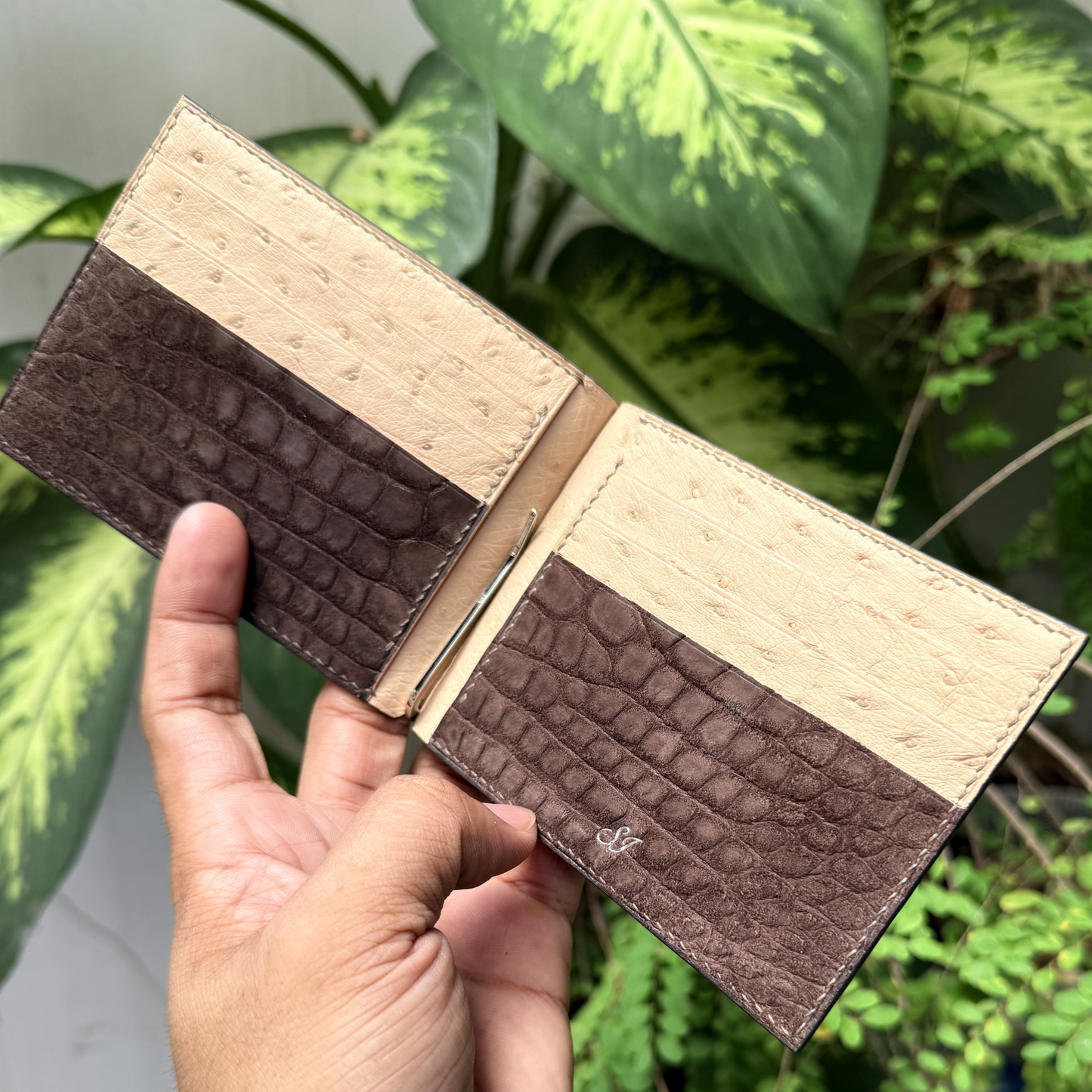 Personalized Chocolate Brown Alligator mixed Ostrich Leather Money Clip Wallet