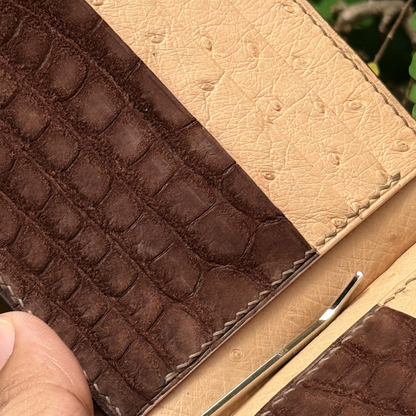 Personalized Chocolate Brown Alligator mixed Ostrich Leather Money Clip Wallet