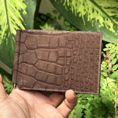 Personalized Chocolate Brown Alligator mixed Ostrich Leather Money Clip Wallet