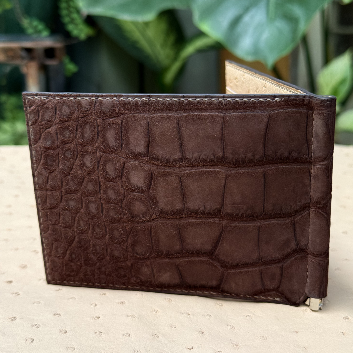 Personalized Chocolate Brown Alligator mixed Ostrich Leather Money Clip Wallet