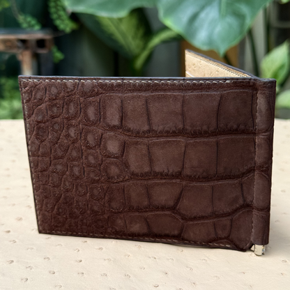 Personalized Chocolate Brown Alligator mixed Ostrich Leather Money Clip Wallet