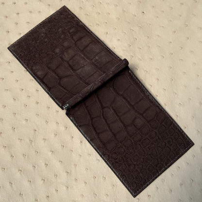 Personalized Chocolate Brown Alligator mixed Ostrich Leather Money Clip Wallet