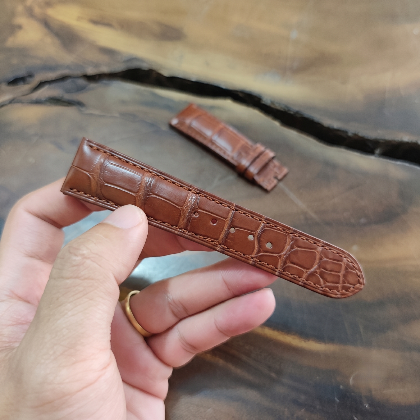 Alligator Watch Strap Handmade | Bespoke Cognac Brown Crocodile Watch Band for Men | Saddle Stitched Leather Strap | Luxury Gift