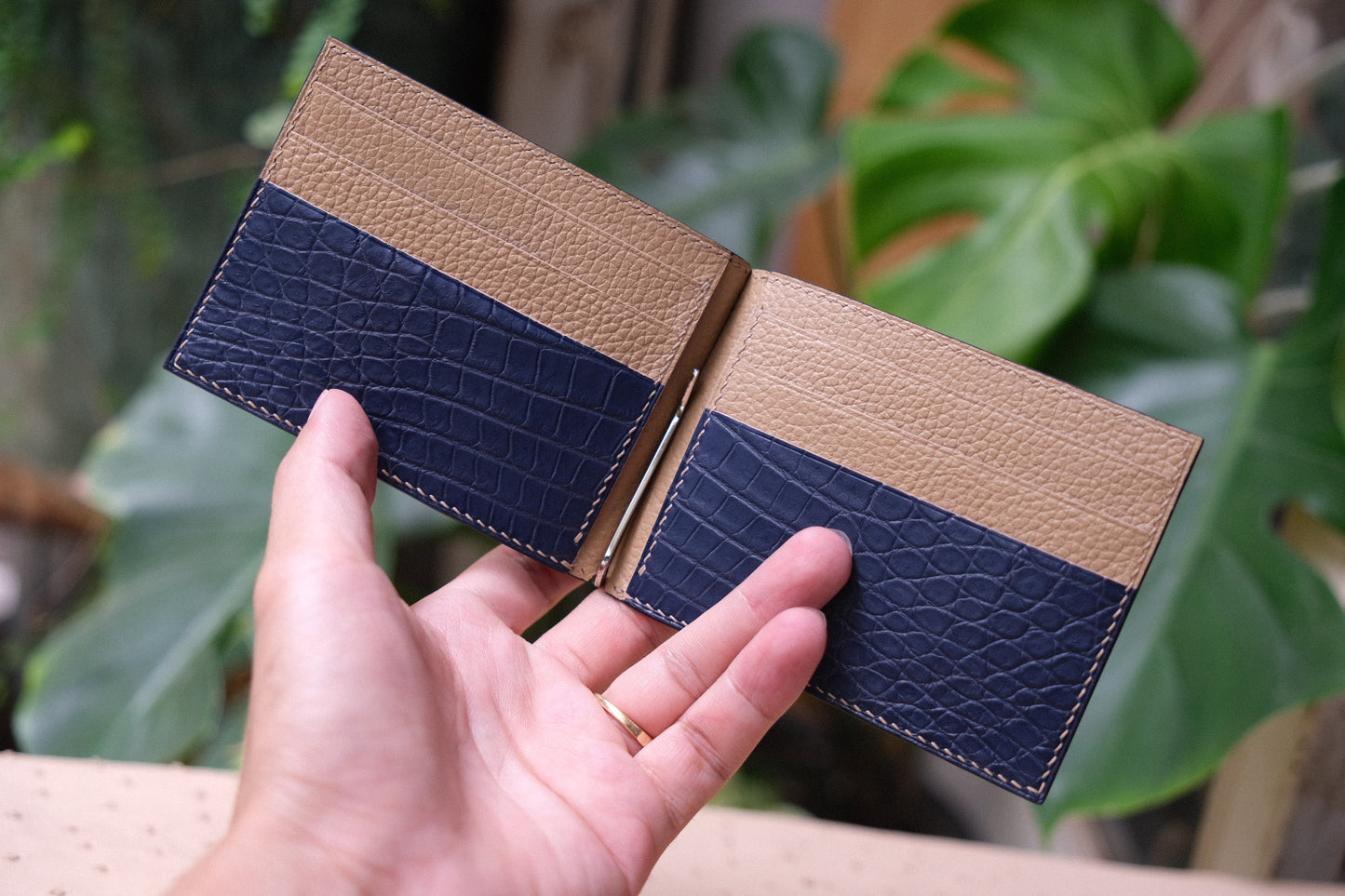 Personalized Navy blue Alligator Leather Money Clip Wallet