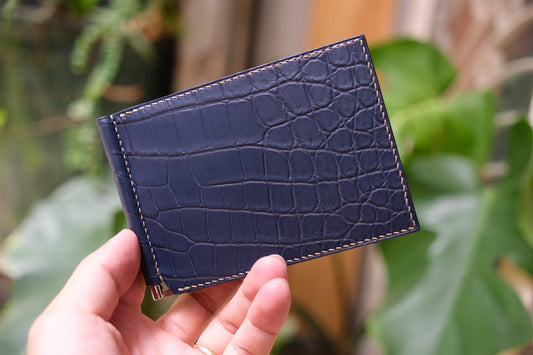 Personalized Navy blue Alligator Leather Money Clip Wallet
