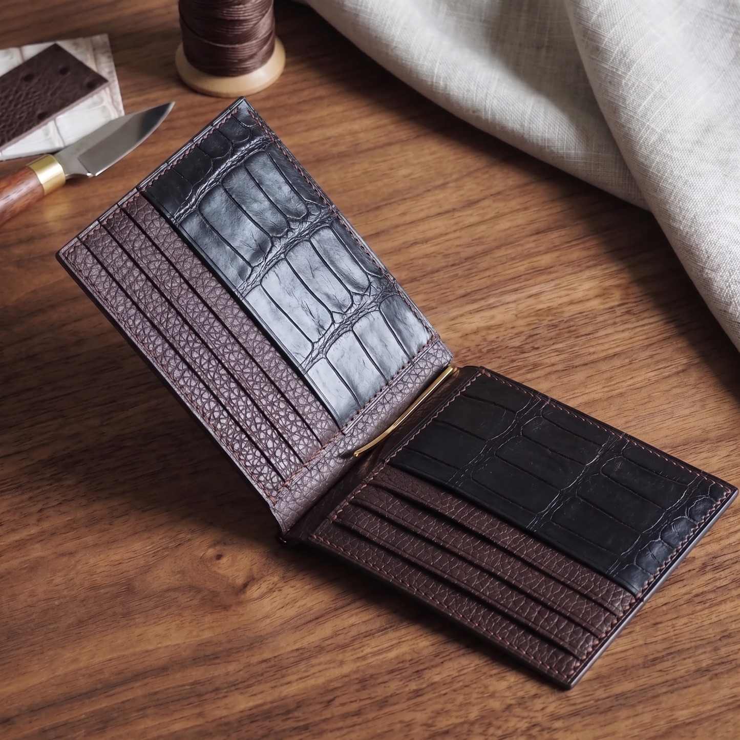 Money Clip Wallet, Black Alligator Leather, Name Engraved
