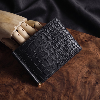 Money Clip Wallet, Black Alligator Leather, Name Engraved