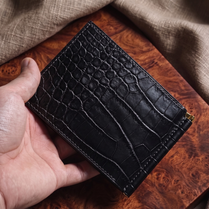 Money Clip Wallet, Black Alligator Leather, Name Engraved