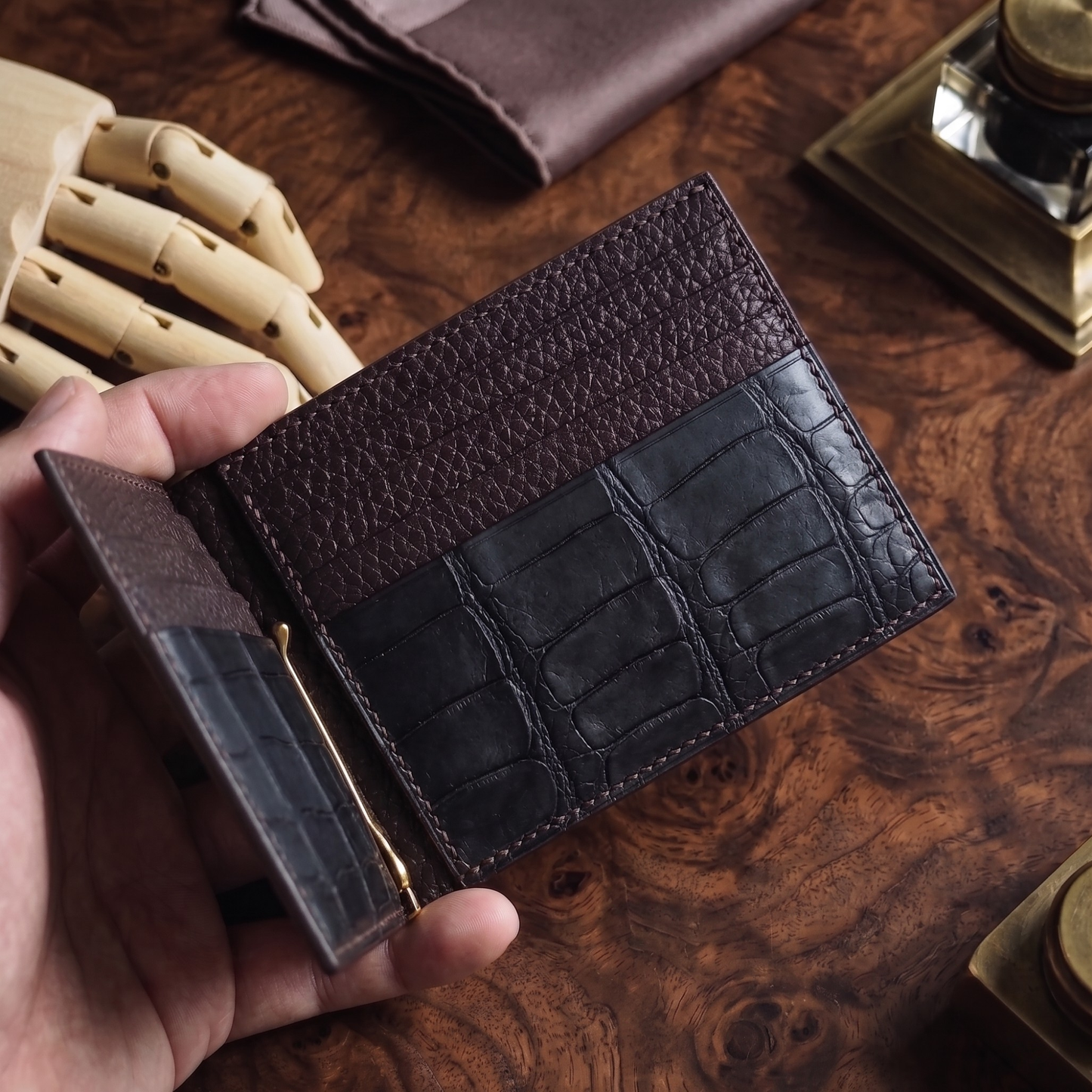 Money Clip Wallet, Black Alligator Leather, Name Engraved