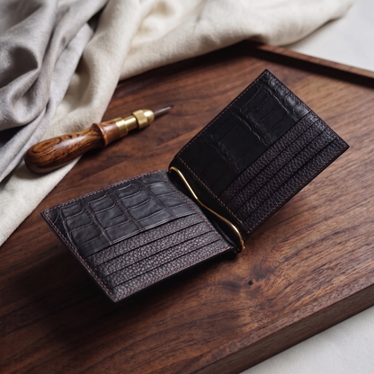 Money Clip Wallet, Black Alligator Leather, Name Engraved