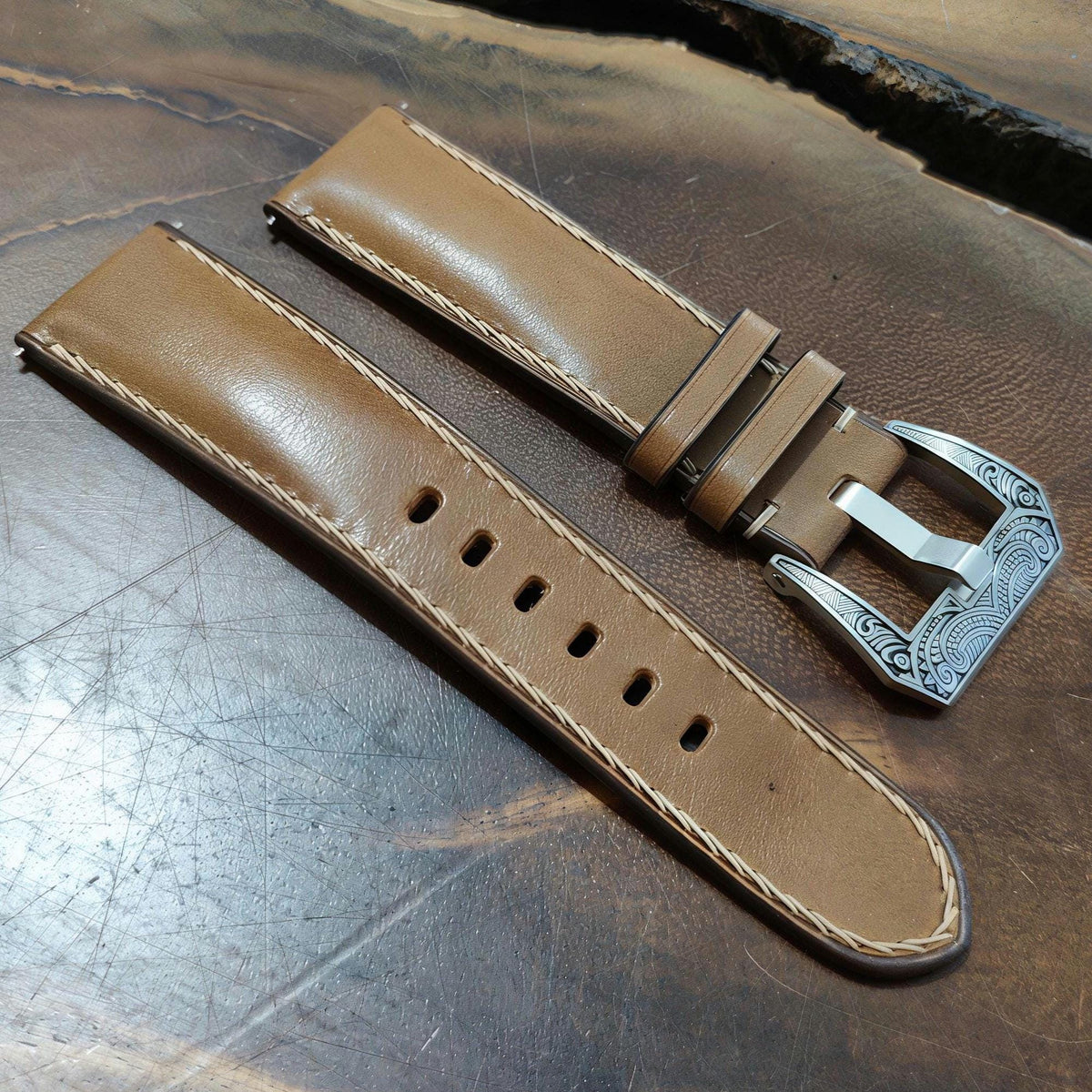 Brown Leather Watch Strap, Pull-Up by Thor Leather Craft - detail view 2