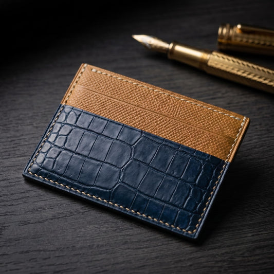 Navy Alligator Card Holder, Textured Calfskin, Custom Stamp
