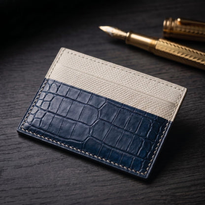 Navy Alligator Card Holder, Textured Calfskin, Custom Stamp