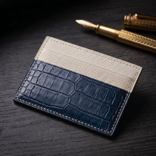 Navy Alligator Card Holder, Textured Calfskin, Custom Stamp