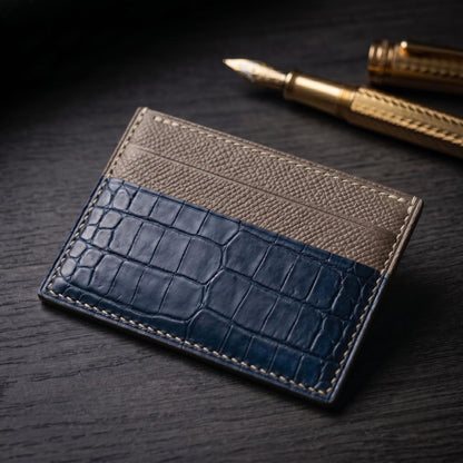 Navy Alligator Card Holder, Textured Calfskin, Custom Stamp