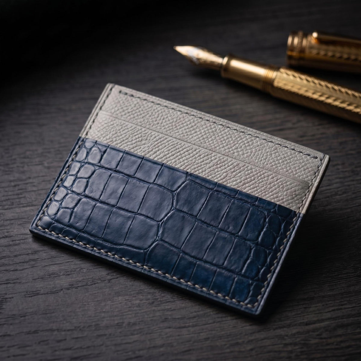 Navy Alligator Card Holder, Textured Calfskin, Custom Stamp