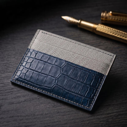 Navy Alligator Card Holder, Textured Calfskin, Custom Stamp