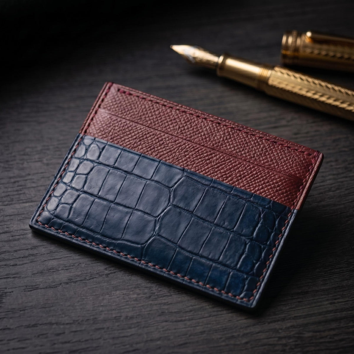 Navy Alligator Card Holder, Textured Calfskin, Custom Stamp