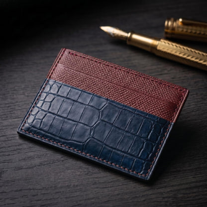 Navy Alligator Card Holder, Textured Calfskin, Custom Stamp