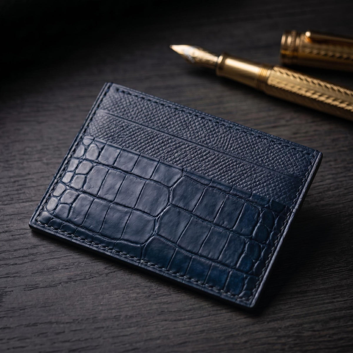 Navy Alligator Card Holder, Textured Calfskin, Custom Stamp